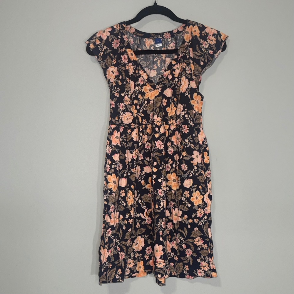 Old‎ Navy Womens XS Floral Flutter Sleeve V-Neck Mini Dress Navy Peach Orange
